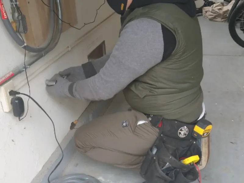 Electrician performing outlet wiring in a College Park garage